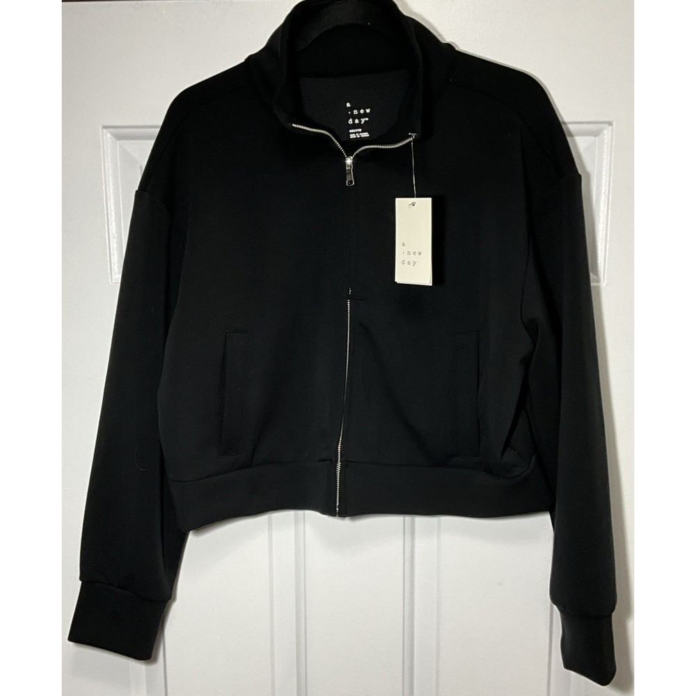 A New Day Black Sandwash Cropped Full-Zip Jacket/Sweatshirt Women's Medium